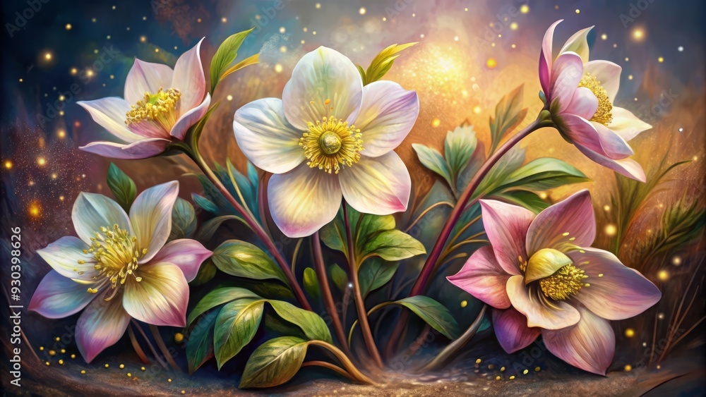 Fantasy ,Elegant and Beautiful Hand Drawn Surrealist Acrylic Painting  Flowers of Hellebore (Helleborus orientalis) , Small Light glowing effect and Gold Leaf effect of  particles