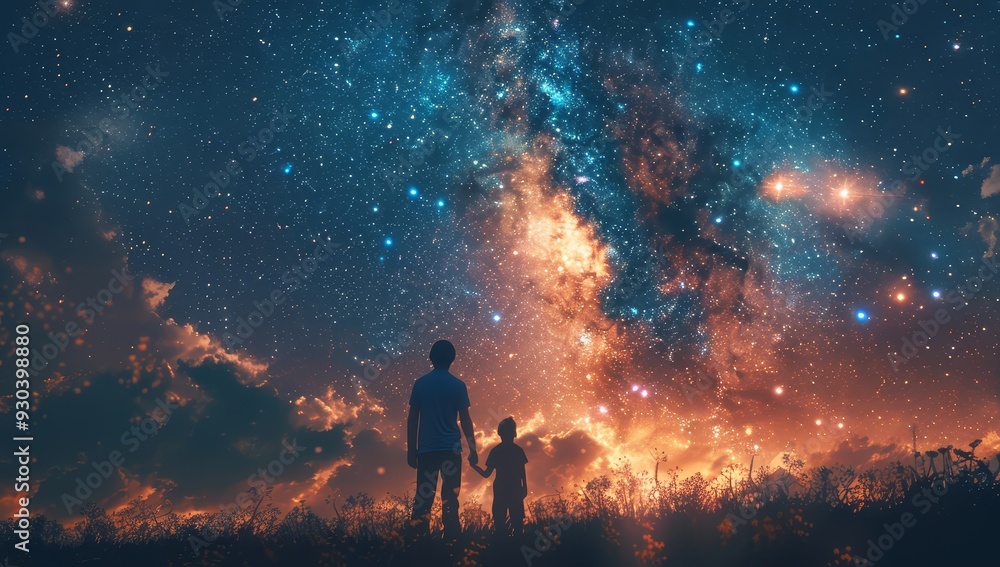 A father and son stand side by side, gazing up at the starry sky with determination in their eyes. The night is dark but full of stars, symbolizing hope for future A father and son stand side by side, gazing up at the starry sky with determination in their eyes. The night is dark but full of stars, symbolizing hope for future