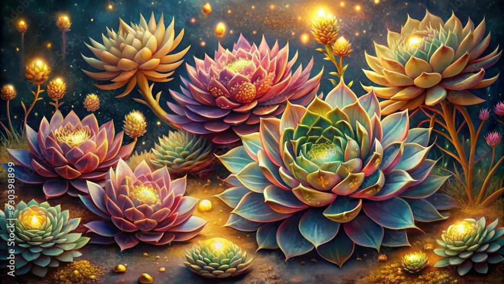Fantasy ,Elegant and Beautiful Hand Drawn Surrealist Acrylic Painting Flowers of Hens and Chicks (Sempervivum) , Small Light glowing effect and Gold Leaf effect of particles Fantasy ,Elegant and Beautiful Hand Drawn Surrealist Acrylic Painting Flowers of Hens and Chicks (Sempervivum) , Small Light glowing effect and Gold Leaf effect of particles