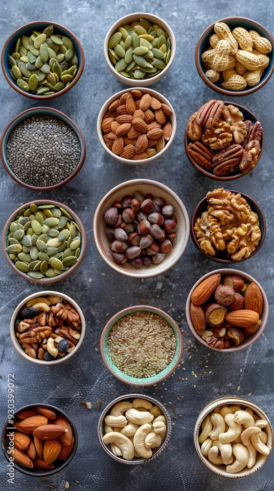 Assorted Nuts and Seeds Arranged in Bowls for Healthy Food Concept with Copy Space Assorted Nuts and Seeds Arranged in Bowls for Healthy Food Concept with Copy Space