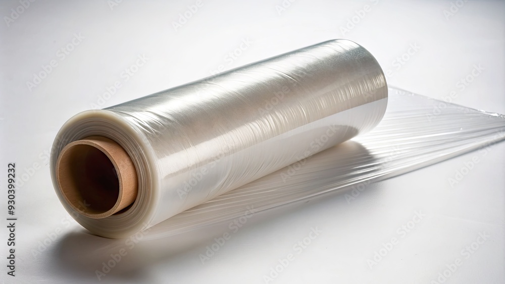 A transparent roll of clear film or plastic wrap unwinds from a cardboard tube, casting a subtle shadow on a crisp white background. A transparent roll of clear film or plastic wrap unwinds from a cardboard tube, casting a subtle shadow on a crisp white background.