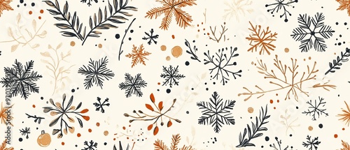 Cozy Boho Christmas Seamless Pattern in Earthy Tones with Snowflakes, Holly, and Rustic Details for Natural Holiday Vibes for fabric patterns