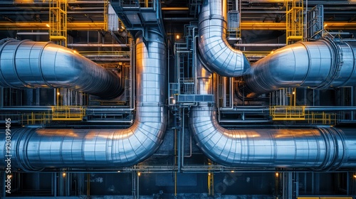 Complex network of pipes in an oil refinery, representing the critical role of piping systems in energy production.