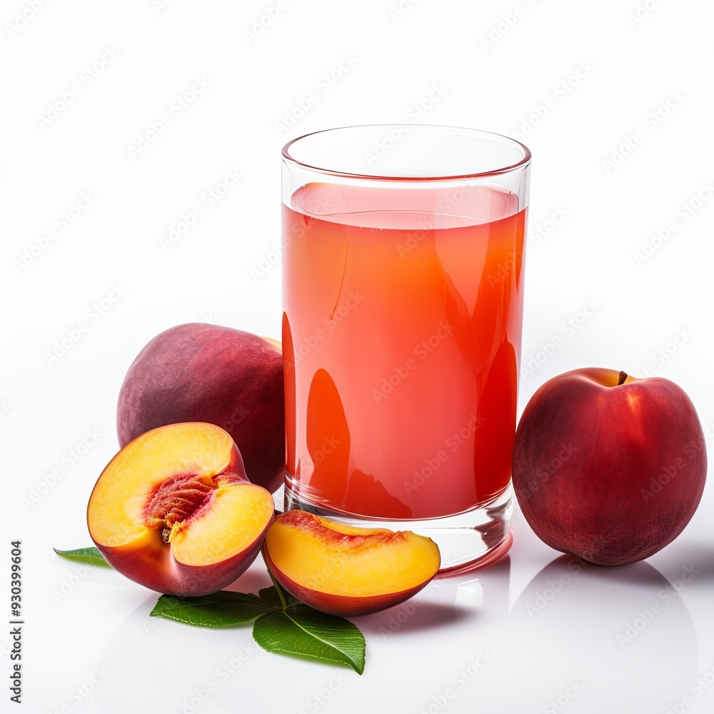 A glass of fresh apricot juice with apricot fruits, isolated on a white background. The glass is half-full, and the juice is a light orange color. Ripe and juicy apricots with green leaves. A glass of fresh apricot juice with apricot fruits, isolated on a white background. The glass is half-full, and the juice is a light orange color. Ripe and juicy apricots with green leaves.