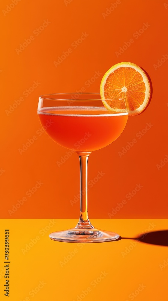 A vibrant cocktail served in a stylish glass, garnished with a fresh orange slice against a bright orange background. A vibrant cocktail served in a stylish glass, garnished with a fresh orange slice against a bright orange background.
