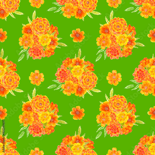 watercolor seamless texture with marigold flowers against green background. watercolor painting