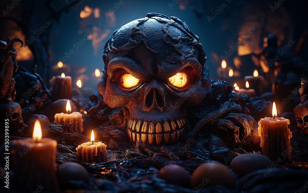 A spooky skull surrounded by candles and eerie elements, evoking a Halloween atmosphere. A spooky skull surrounded by candles and eerie elements, evoking a Halloween atmosphere.