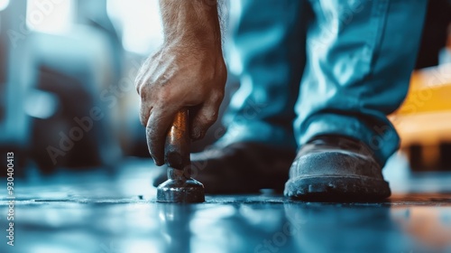 An image capturing a worker using a tool on the floor while wearing protective boots, emphasizing the hands-on and rugged nature of the task being performed.