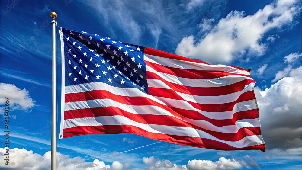 A vibrant American flag waving proudly in the wind, its 50 stars and 13 stripes showcased in stunning detail against a bright blue sky. A vibrant American flag waving proudly in the wind, its 50 stars and 13 stripes showcased in stunning detail against a bright blue sky.