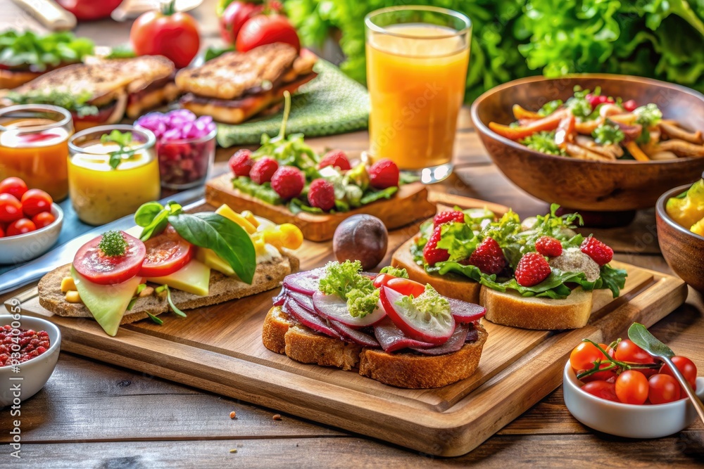A vibrant brunch spread features open-faced sandwiches with chicken, beef bulgogi, and ham cheese, surrounded by fresh fruit, salads, and artisanal beverages in a cozy setting. A vibrant brunch spread features open-faced sandwiches with chicken, beef bulgogi, and ham cheese, surrounded by fresh fruit, salads, and artisanal beverages in a cozy setting.