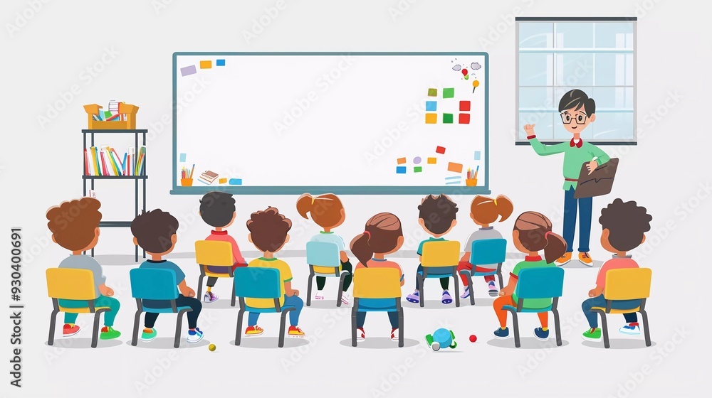 a teacher that teach childs in classroom flat illustration design