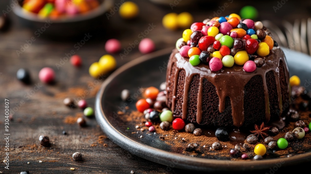 Chocolate cake with colorful candy topping. Chocolate cake with colorful candy topping.