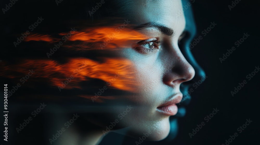 A mesmerizing image capturing the motion of red hair in a low light setting, creating striking contrasts and an evocative sense of movement and mystery. A mesmerizing image capturing the motion of red hair in a low light setting, creating striking contrasts and an evocative sense of movement and mystery.