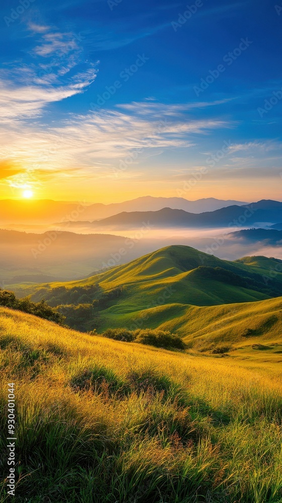 A beautiful landscape with a sun setting in the background A beautiful landscape with a sun setting in the background