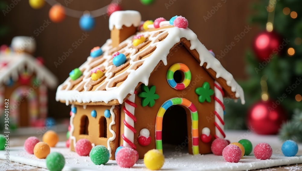 Decorated Gingerbread House with Candy Decorations on a Snowy Table Decorated Gingerbread House with Candy Decorations on a Snowy Table