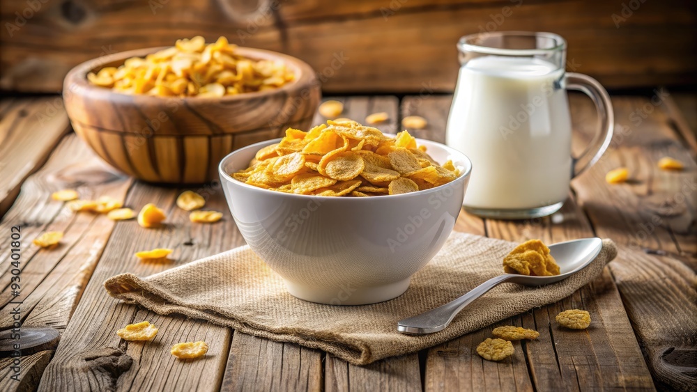 A warm and inviting breakfast scene featuring a white bowl filled with golden corn flakes, fresh milk, and a sprinkle of sugar on a rustic table. A warm and inviting breakfast scene featuring a white bowl filled with golden corn flakes, fresh milk, and a sprinkle of sugar on a rustic table.