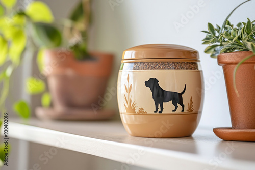 Beige urn with pet ashes with dog silhouette on it standing on wooden shelf, flowers on the background. Copy space. Funeral concept. Final resting place for a departed soul. photo