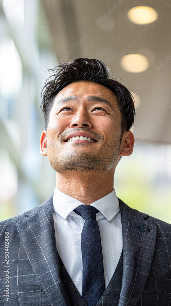 Confident asian Salaried Employee Smiling in Business Suit Close-up with Corporate Building Background Confident asian Salaried Employee Smiling in Business Suit Close-up with Corporate Building Background