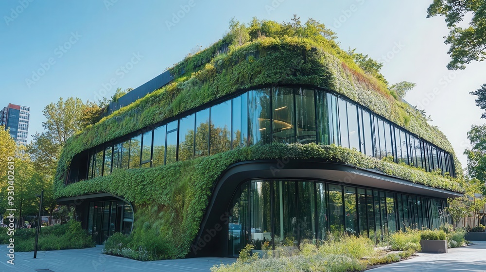 Obraz premium A carbonneutral office building with energyefficient features and green spaces on the roof
