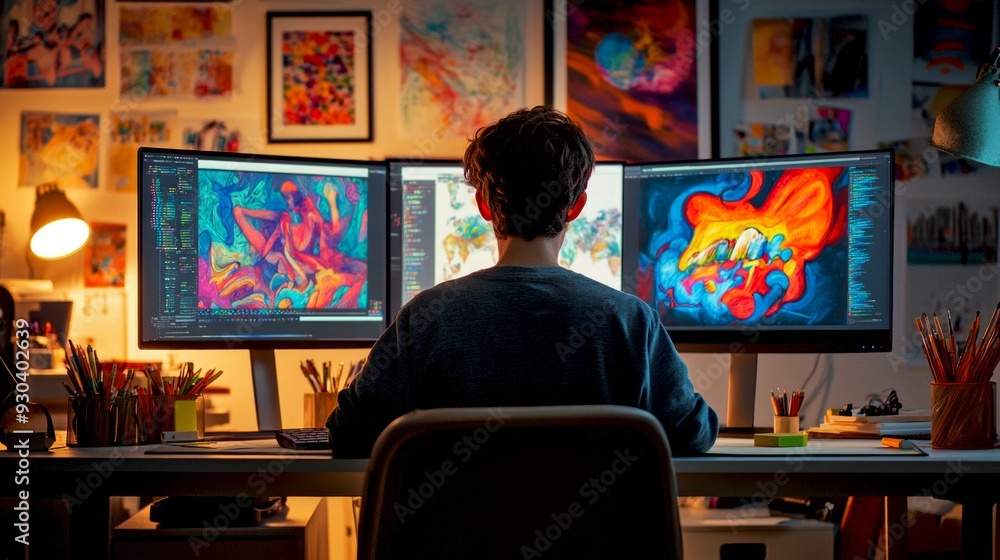 A digital artist works on a vibrant project at a well-lit desk. Multiple screens display colorful artwork. This creative setup shines with inspiration and a modern artistic style. AI. A digital artist works on a vibrant project at a well-lit desk. Multiple screens display colorful artwork. This creative setup shines with inspiration and a modern artistic style. AI.