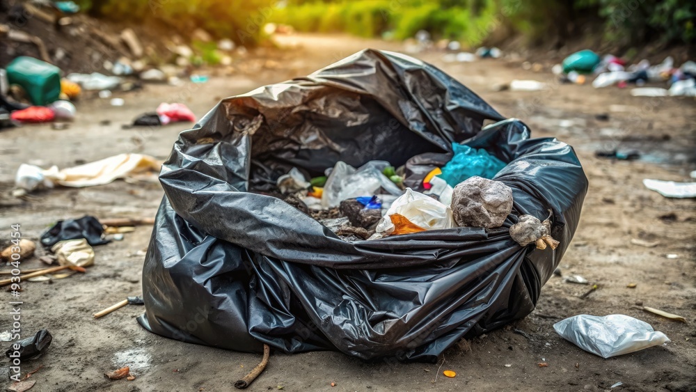 A worn and torn black plastic trash bag lies crumpled on the dirty ...