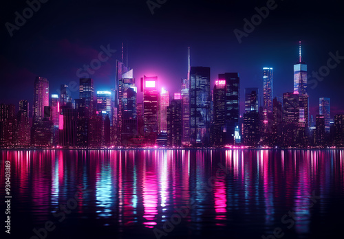 Neon-lit skyscrapers pierce the inky canvas above a vibrant, pink and purple-hued reflection on the water, capturing the dynamic essence of New York City's nocturnal energy in a digital masterpiece.