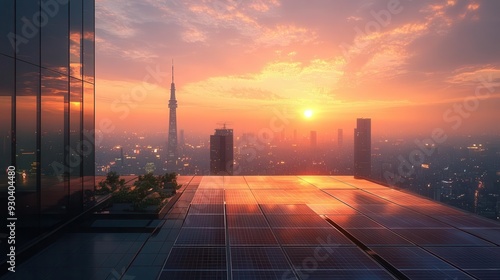 Solar panels on a modern buildings rooftop in an urban cityscape during sunset