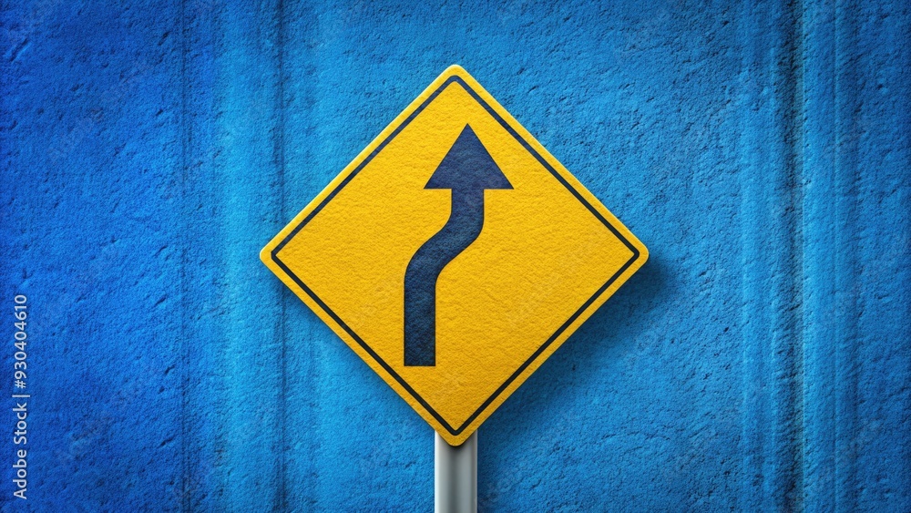 A yellow arrow on a blue background points right, indicating a merge or directional change on a straight and winding road ahead. A yellow arrow on a blue background points right, indicating a merge or directional change on a straight and winding road ahead.