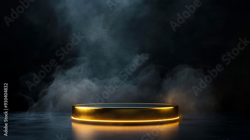 Shrouded in dark smoke and highlighted by powerful spotlights, a gold podium gleams with anticipation. The pedestal’s grandeur and brilliance set the stage for an elegant award presentation.