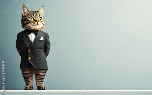 A dapper feline, impeccably dressed in a suit and bow tie, strikes a poised pose against a minimalist blue backdrop. photo