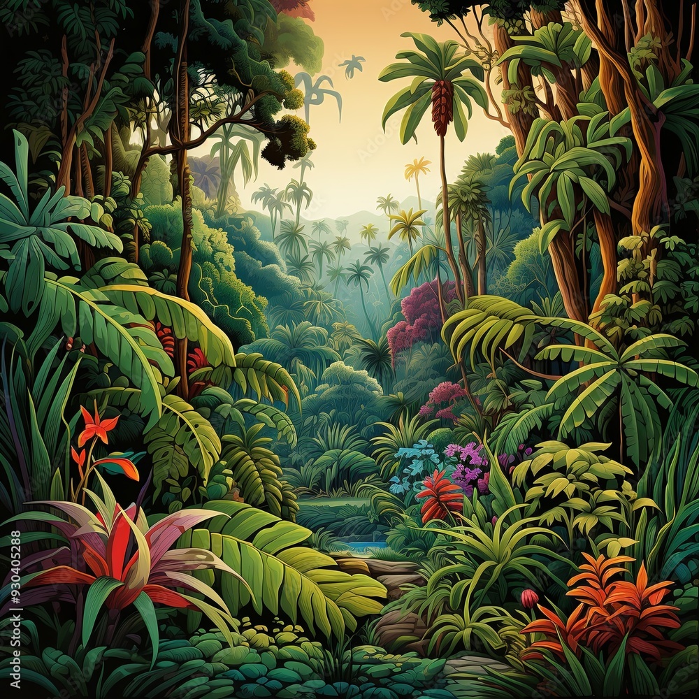 Fototapeta premium Illustration of a lush green jungle with vibrant plants and a narrow path leading into the distance. It is perfect for travel and tourism promotion or as a background for nature-themed projects.