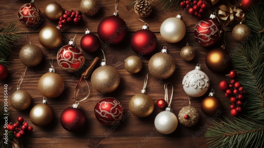 Christmas decorations on a wooden background. The warm tones and the bright festive ornaments create a cozy holiday feel Christmas decorations on a wooden background. The warm tones and the bright festive ornaments create a cozy holiday feel