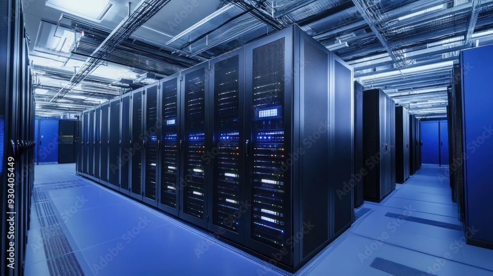 Fototapeta premium Server racks in a modern data center, lit with blue light.