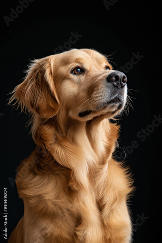 A majestic golden retriever dog against a dark background, looking upward with a proud expression. Perfect for pet-related content or portrait photography themes.