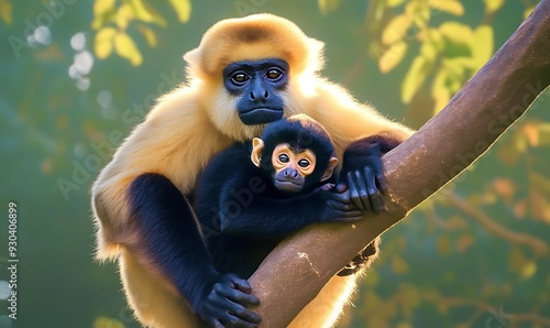 Leaf Monkeys or Dusky Langur and mother who are living in the forest, Animals with their babies in Thailand
