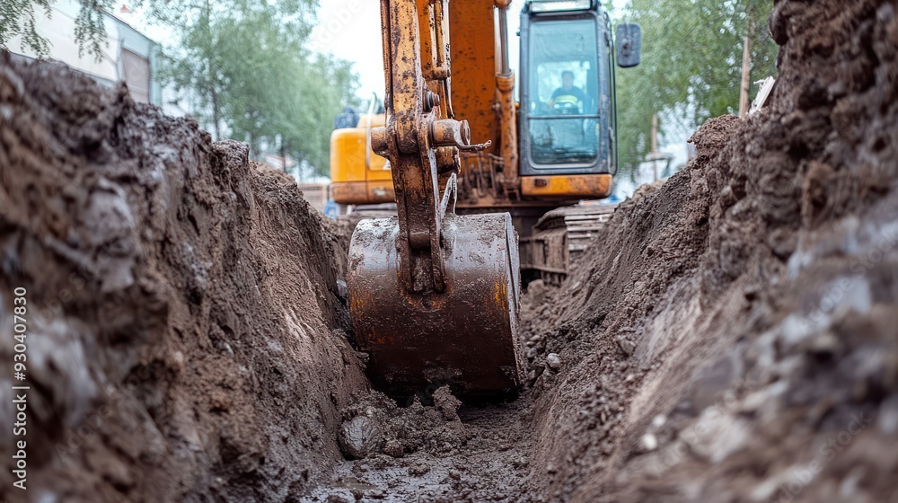 Fototapeta premium Excavator arm reaching deep into a trench, showcasing the depth and reach of heavy digging equipment.