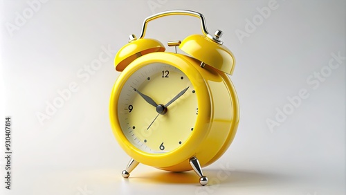 Bright yellow analog alarm clock stands upright on a clean white surface, its bold numbers and loud ring signify a wake-up call on a busy morning. photo