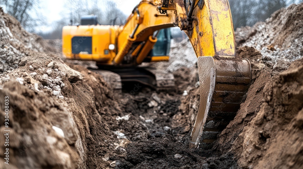 Excavator arm reaching deep into a trench, showcasing the depth and reach of heavy digging equipment. Excavator arm reaching deep into a trench, showcasing the depth and reach of heavy digging equipment.