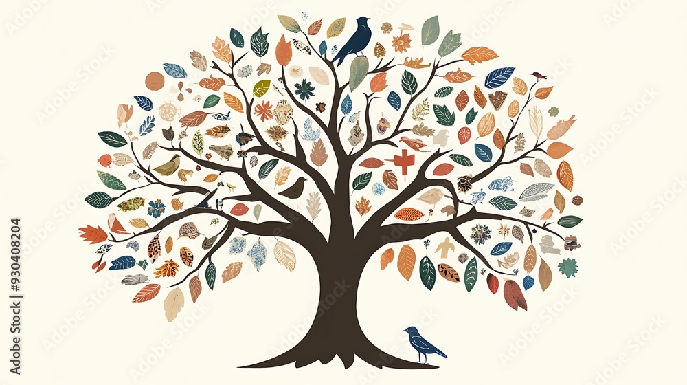 Abstract Tree with Birds and Fall Leaves - Colorful Autumn Illustration. Abstract Tree with Birds and Fall Leaves - Colorful Autumn Illustration.