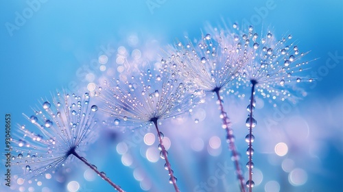 Close-up of a delicate dandelion seedhead adorned with shimmering dew drops. photo