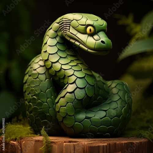 Mesmerizing green snake sculpture, meticulously crafted to capture intricate detail. Serpent appears alive against black background, shimmering lifelike texture, sinuous curves, graceful coils.