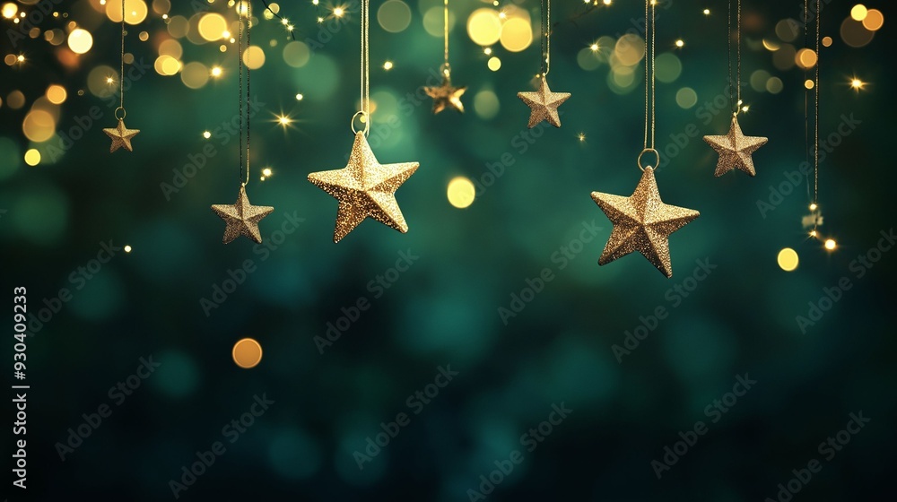 Golden star-shaped ornaments hanging from a tree with glowing bokeh lights in the background. Golden star-shaped ornaments hanging from a tree with glowing bokeh lights in the background.
