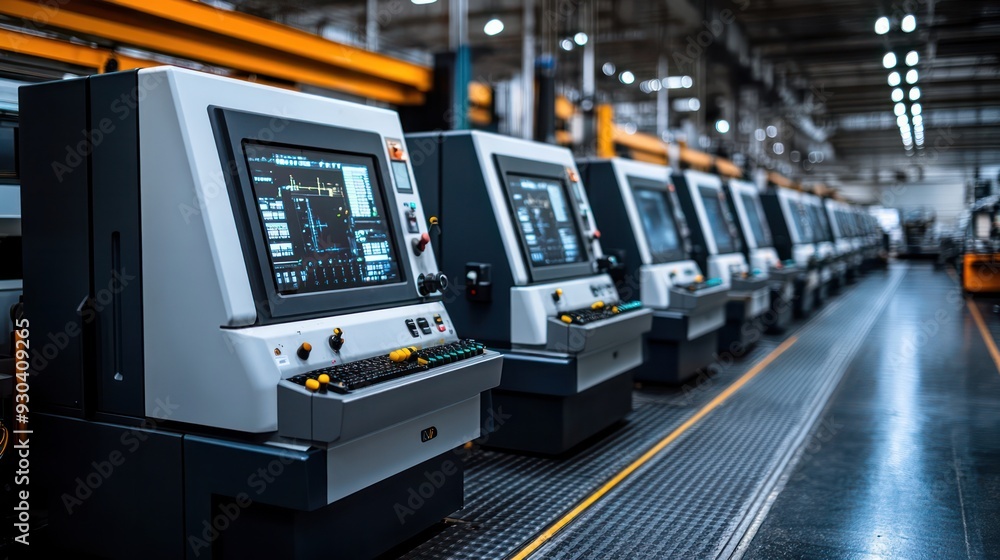 Factory floor with rows of CNC machines, emphasizing the scale and technology in modern manufacturing. Factory floor with rows of CNC machines, emphasizing the scale and technology in modern manufacturing.