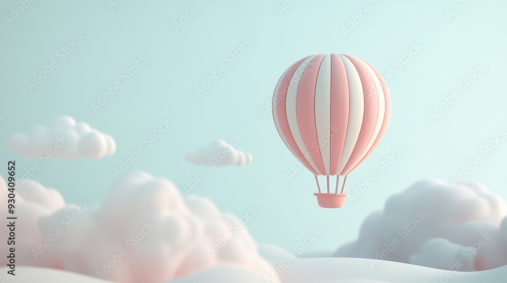 A pastel hot air balloon floating above soft clouds in a serene sky. A pastel hot air balloon floating above soft clouds in a serene sky.