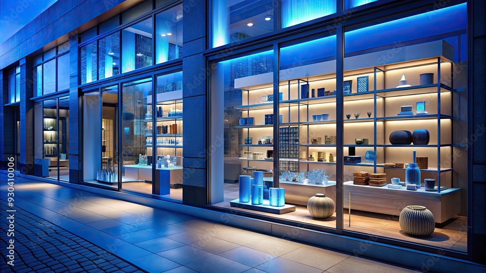calm atmosphere in a modern retail store with blue illuminated shelves featuring various products and attractive window displays in the evening. calm atmosphere in a modern retail store with blue illuminated shelves featuring various products and attractive window displays in the evening.