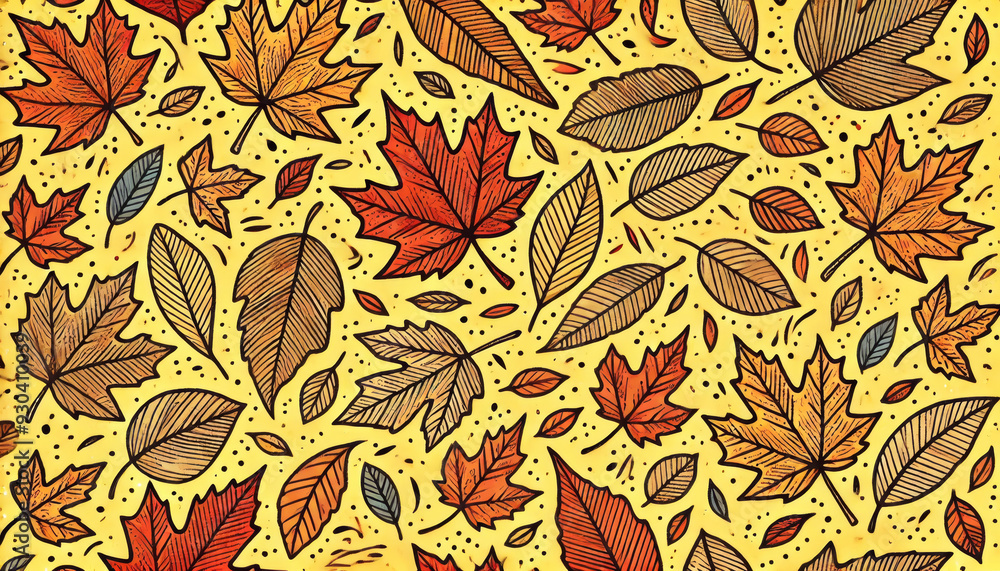 A hand-drawn illustration featuring a variety of autumn leaves scattered randomly across a yellow background. The leaves are depicted in warm, earthy tones, highlighting the beauty of fall foliage in A hand-drawn illustration featuring a variety of autumn leaves scattered randomly across a yellow background. The leaves are depicted in warm, earthy tones, highlighting the beauty of fall foliage in