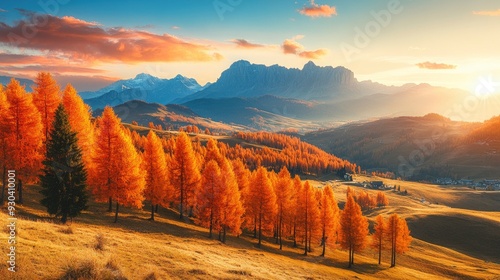 Colorful autumn view of Alpe di Siusi ski resort with beautiful orange larch trees. Majestic sunrise in Dolomite Alps, Ortisei locattion, Italy, Europe. Beauty of countryside concept background , ai photo