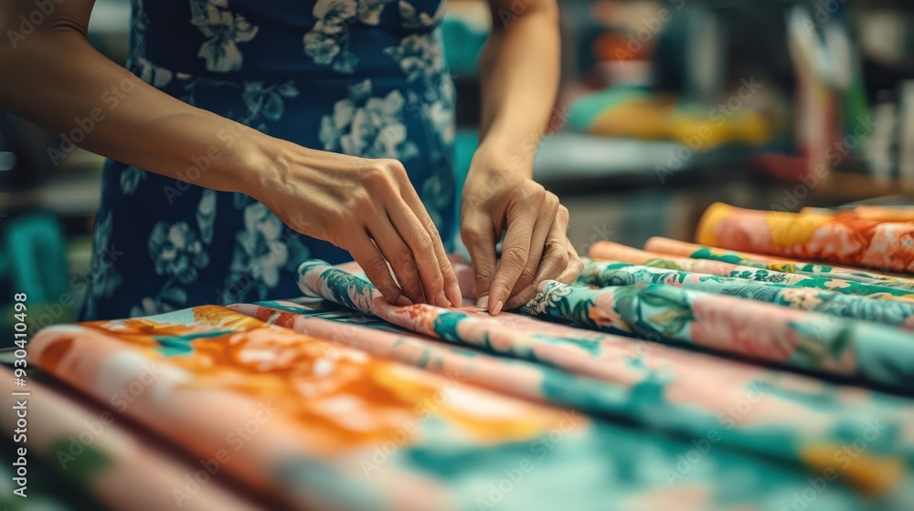 Obraz premium Hands arranging faric patterns on a cutting tale, focusing on the preparation stage in garment manufacturing.