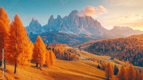 Colorful autumn view of Alpe di Siusi ski resort with beautiful orange larch trees. Majestic sunrise in Dolomite Alps, Ortisei locattion, Italy, Europe. Beauty of countryside concept background , ai photo