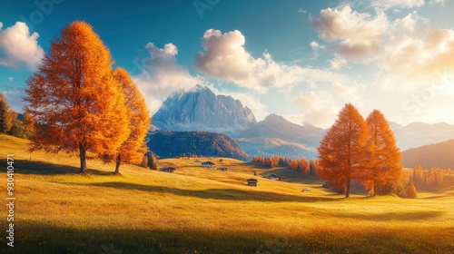 Colorful autumn view of Alpe di Siusi ski resort with beautiful orange larch trees. Majestic sunrise in Dolomite Alps, Ortisei locattion, Italy, Europe. Beauty of countryside concept background , ai photo